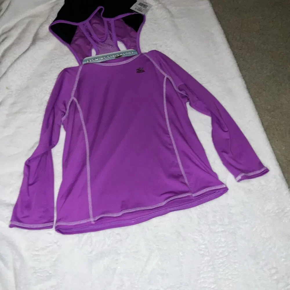ZEROXPOSUR YOUTH GIRLS SWIM SET 2-PCS SWIM SET SIZE L 14 PURPLE & BLACK BRANDNEW